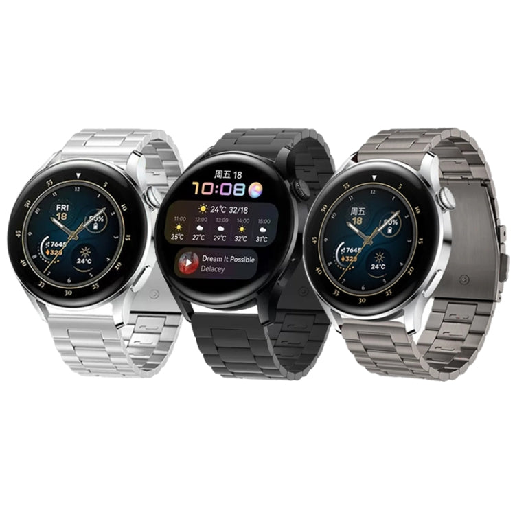 Set of three watch bands: silver, black, and dark gray flat-link titanium steel