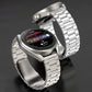 Silver flat-link titanium steel watch band with metal buckle close-up