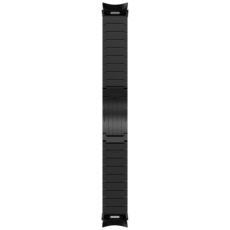 Black metal watch band with one-bead link design, straight strap view