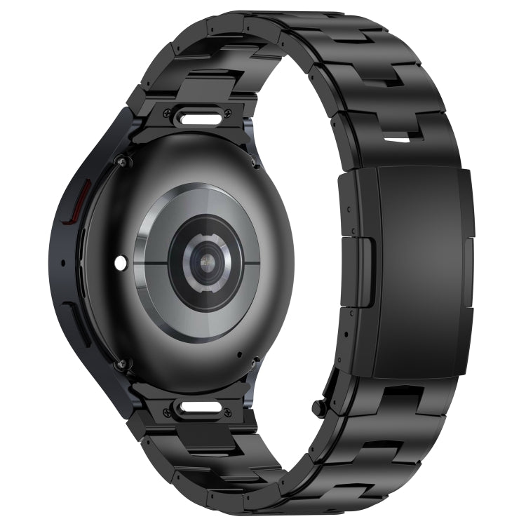 Black titanium metal watch band with button-style link segments, side view