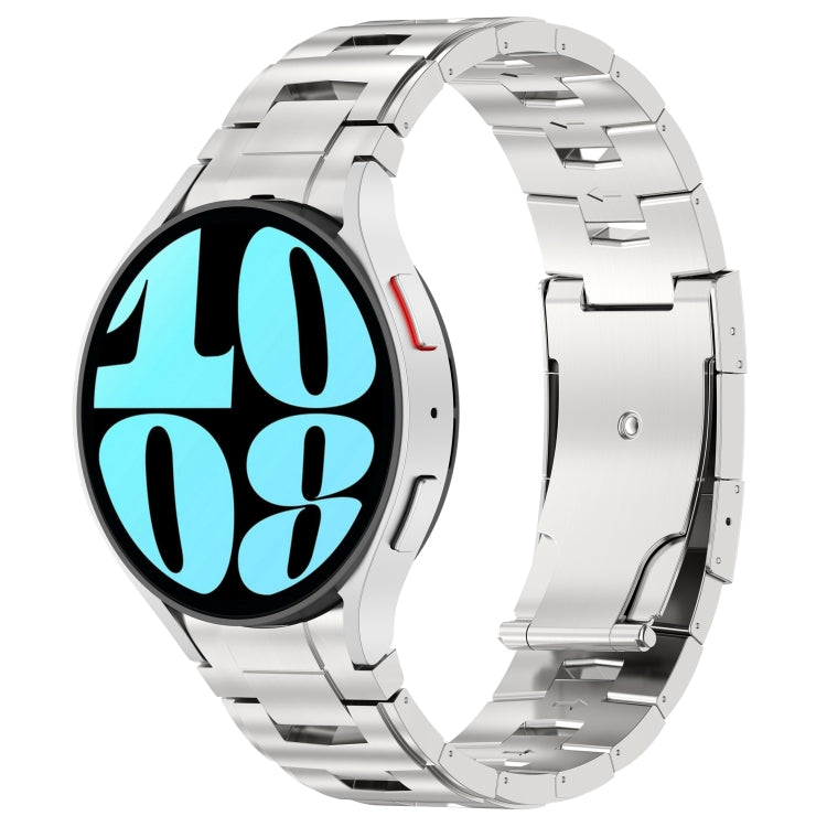 Titanium-colored metal watch band with button-style link segments and end tabs