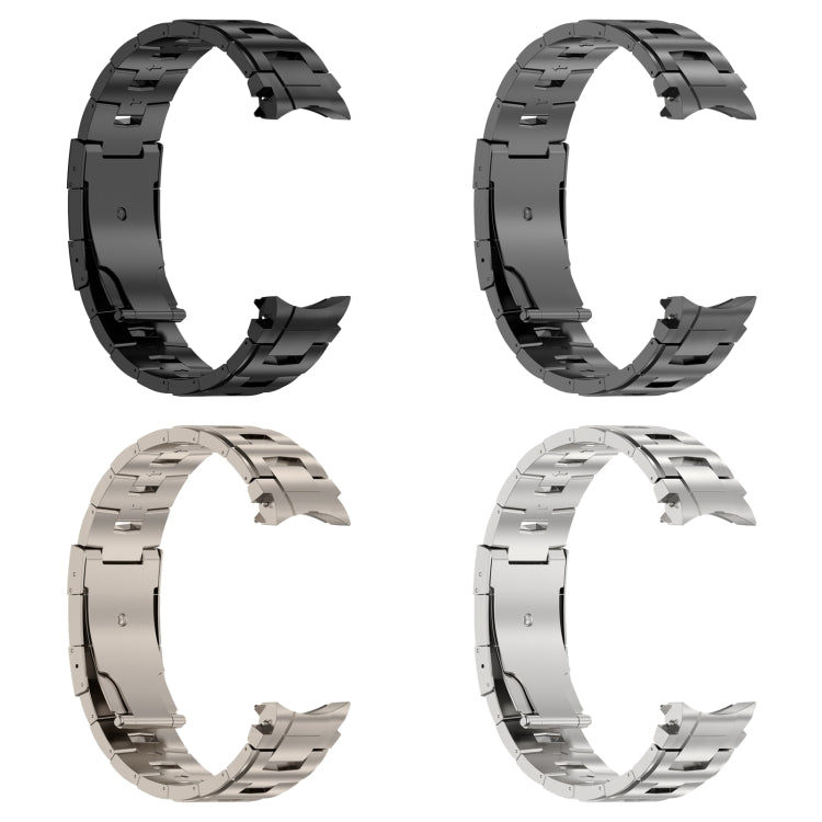 Multiple titanium metal watch bands in black and silver, button-style link views