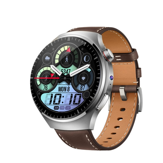 1.53-inch smart watch with front camera support, silver case and brown leather strap