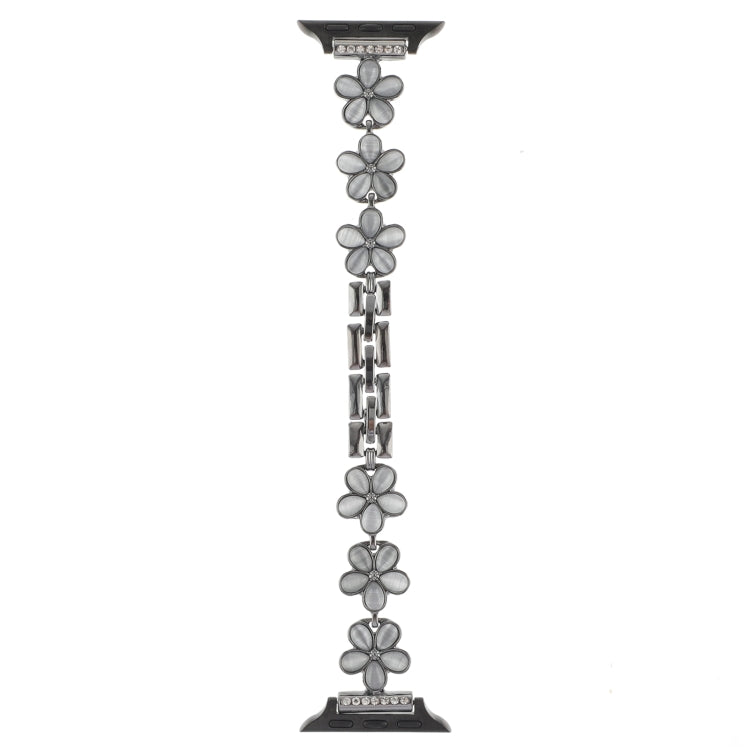 Five-petal flower chain watch band, full-length view with charm links, silver tone