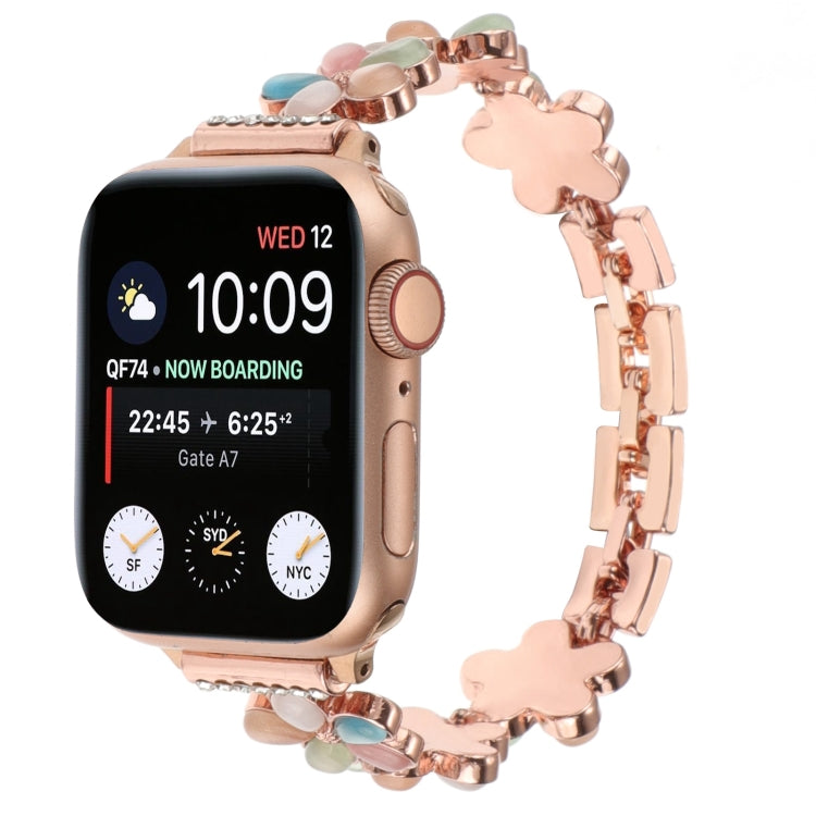 Rose gold 5-petaled flower chain watch band with pastel enamel flower links