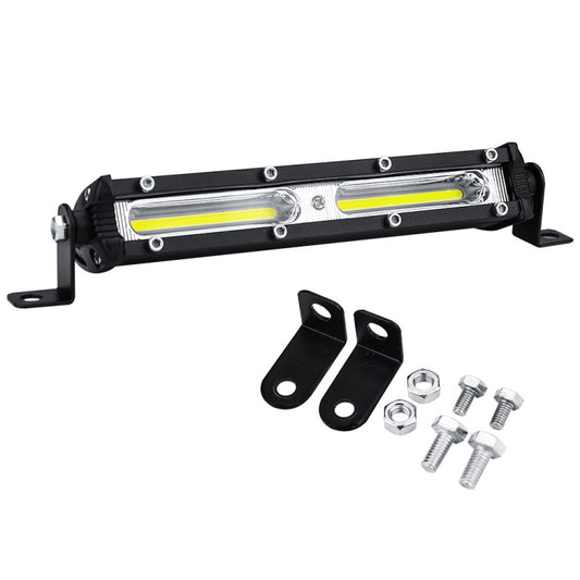 Black LED work light bar with two LED strips, side mounts, and included screws