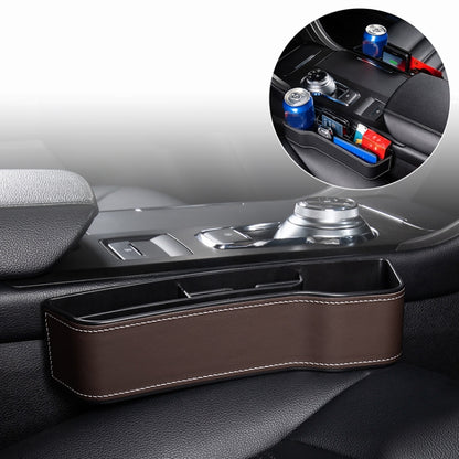 Car seat gap storage console box with brown leather-style finish and stitched edge