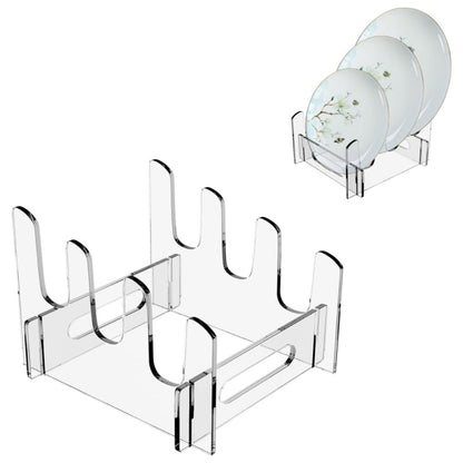 Clear acrylic dish drainer rack with U-shaped plate holders and base tray