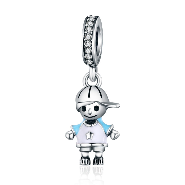 Sterling silver charm bead with boy figure in cap and blue shirt