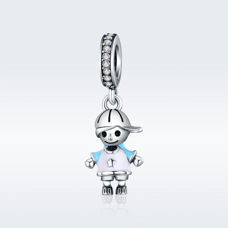 Sterling silver boy charm bead with blue shirt and crystal-studded loop
