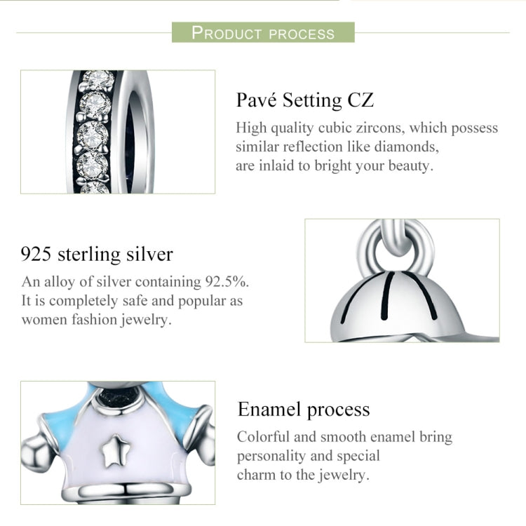 Sterling silver bracelet bead charm showing pavé CZ, enamel, and bell details
