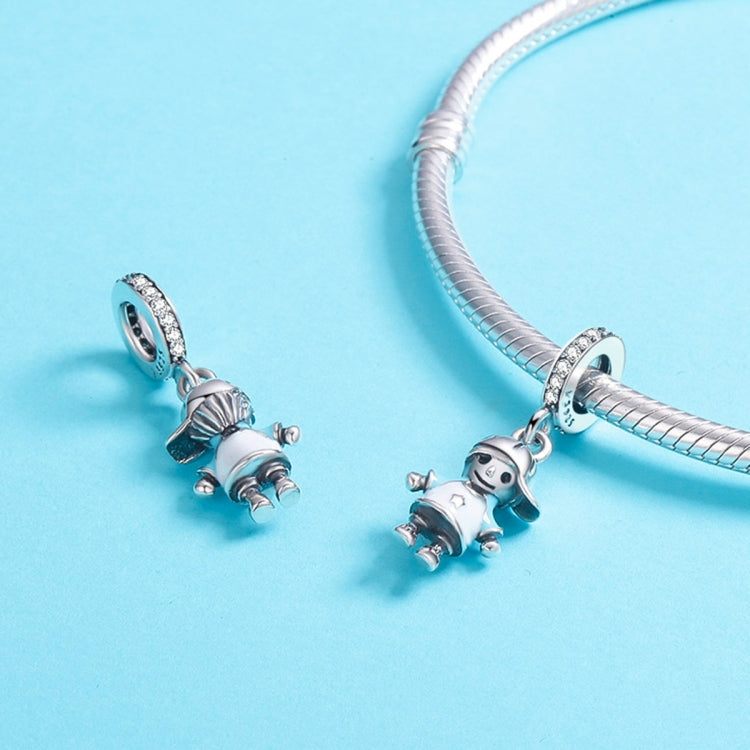 Sterling silver boy charm bead with rhinestone spacer on bracelet chain