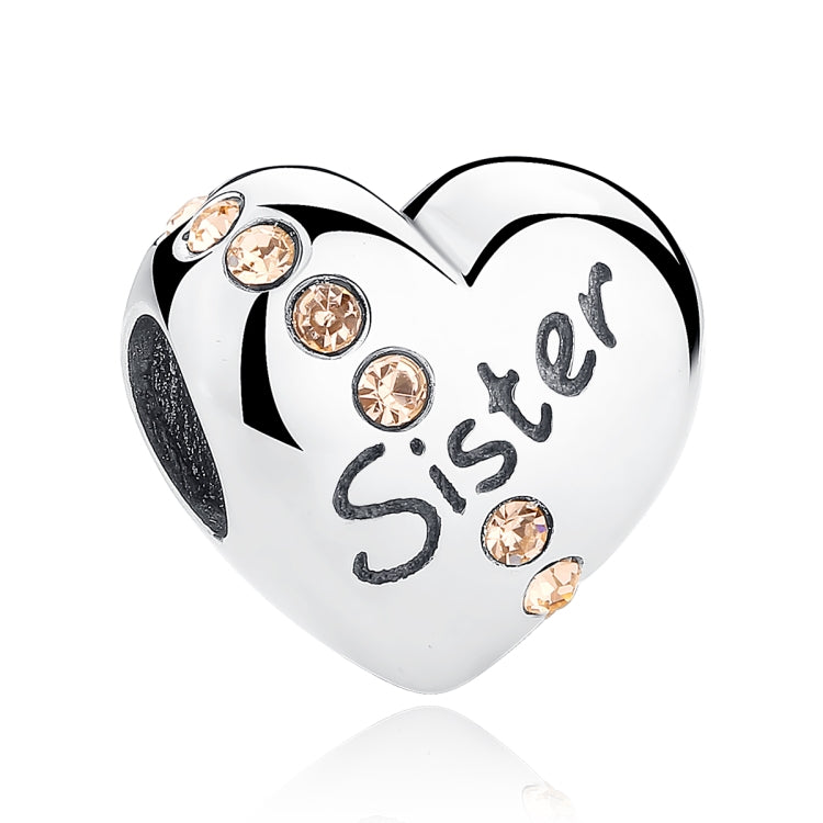 Heart charm bead in silver tone with 'Sister' script and sparkling round stones
