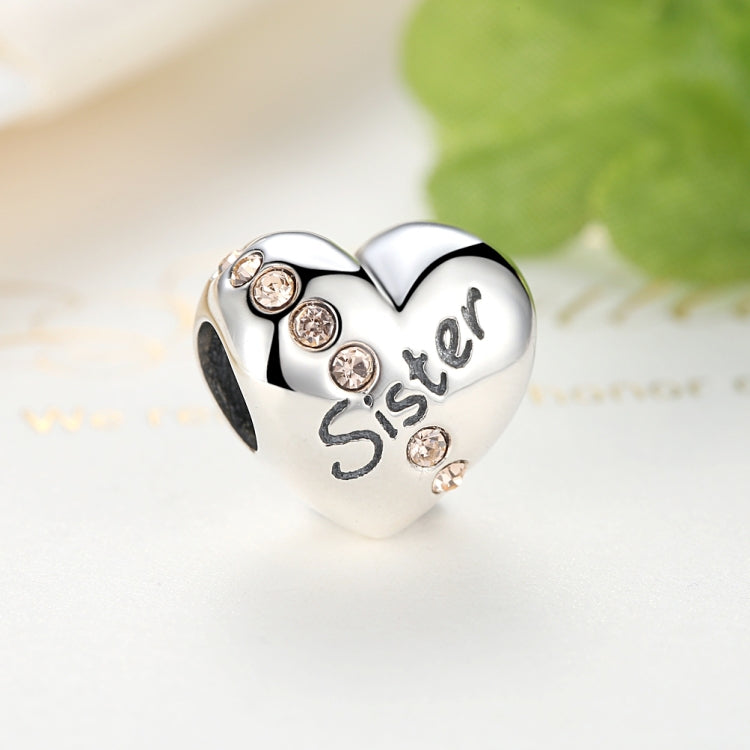 Silver heart charm bead engraved 'Sister' with multiple round crystal inlays