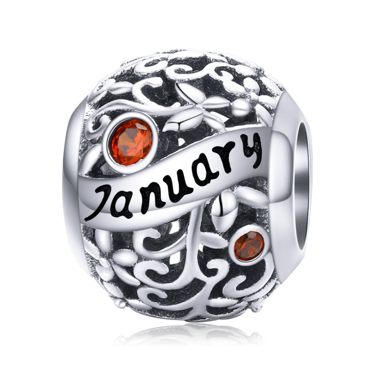 Sterling silver birthstone charm bead with January script and orange crystal accents