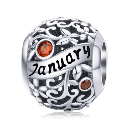 Sterling silver birthstone charm bead with January script and orange crystal accents