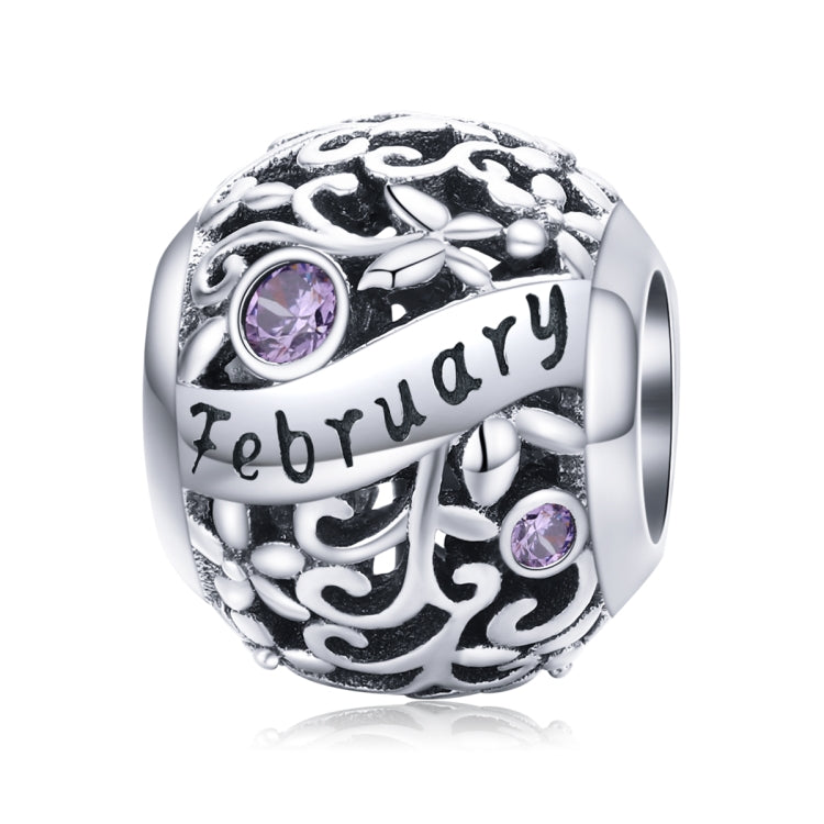 Sterling silver birthstone charm bead with February script and purple crystal accents