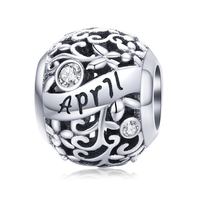 Sterling silver birthstone charm bead with April script and clear crystal accents