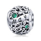 Sterling silver birthstone charm bead with May script and green crystal accents