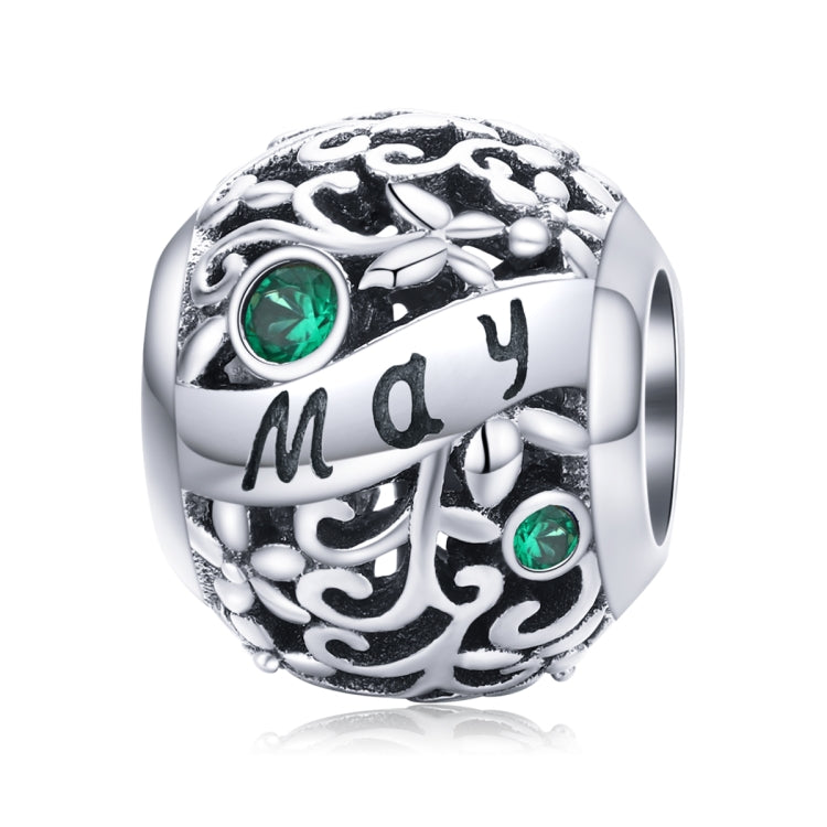 Sterling silver birthstone charm bead with May script and green crystal accents