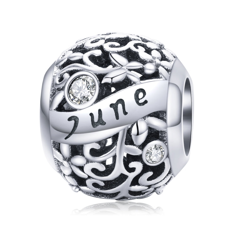 Sterling silver birthstone charm bead with June script and clear crystal accents