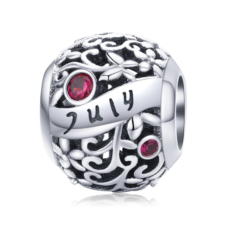 Sterling silver birthstone charm bead with July script and red crystal accents