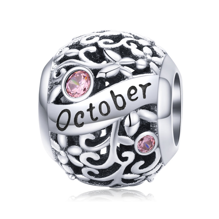 Sterling silver birthstone charm bead, October engraving with pink round gemstones