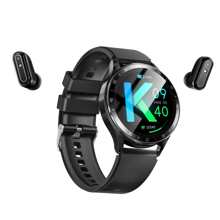 Black round smart watch with black silicone strap, charging dock and health display