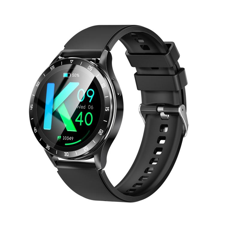 Black round smart watch with black silicone strap, digital health display on screen