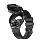 Black smartwatch with band and open charging case showing two earbuds