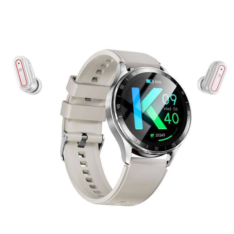 Light beige round smart watch with light strap, digital health display on screen