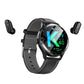 Black round smart watch with black leather strap, digital health display on screen