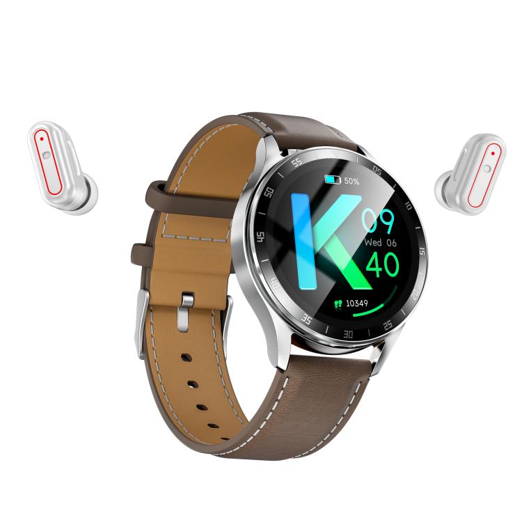 Silver round smart watch with brown leather strap, digital health display on screen
