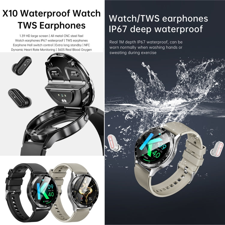 Waterproof smartwatch with attached earbuds case and two earbud tips