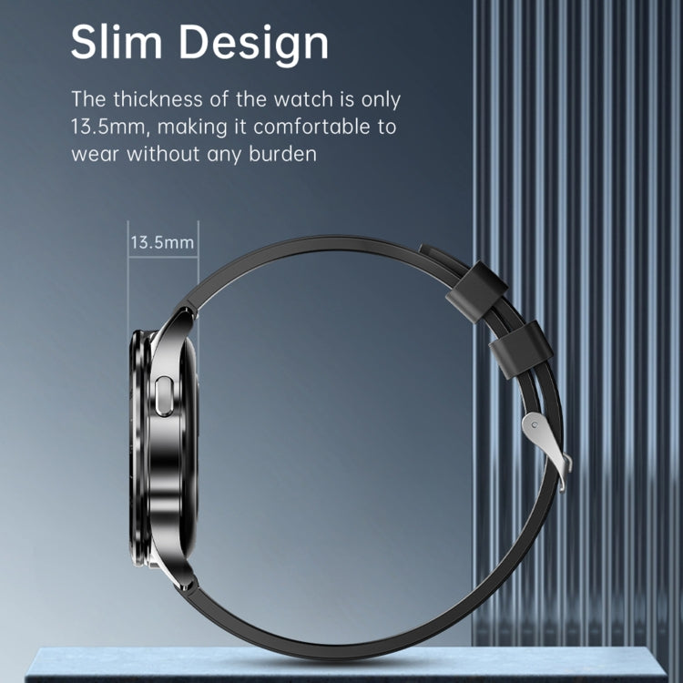 Slim black round smartwatch side view with black band and metal clasp pin
