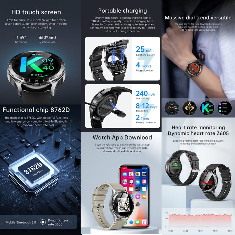 Black smartwatch with round screen and side charging cable, shown with strap