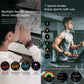 Black smartwatch fitness tracker showing heart-rate and sports stats on display