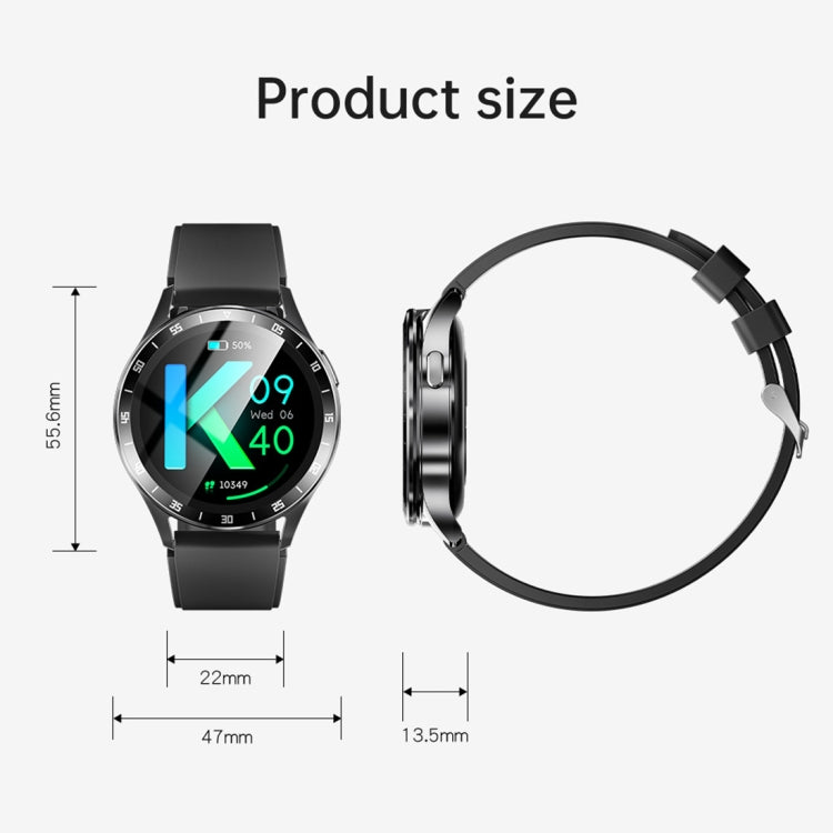 Black smartwatch product size diagram with case and band dimension marks