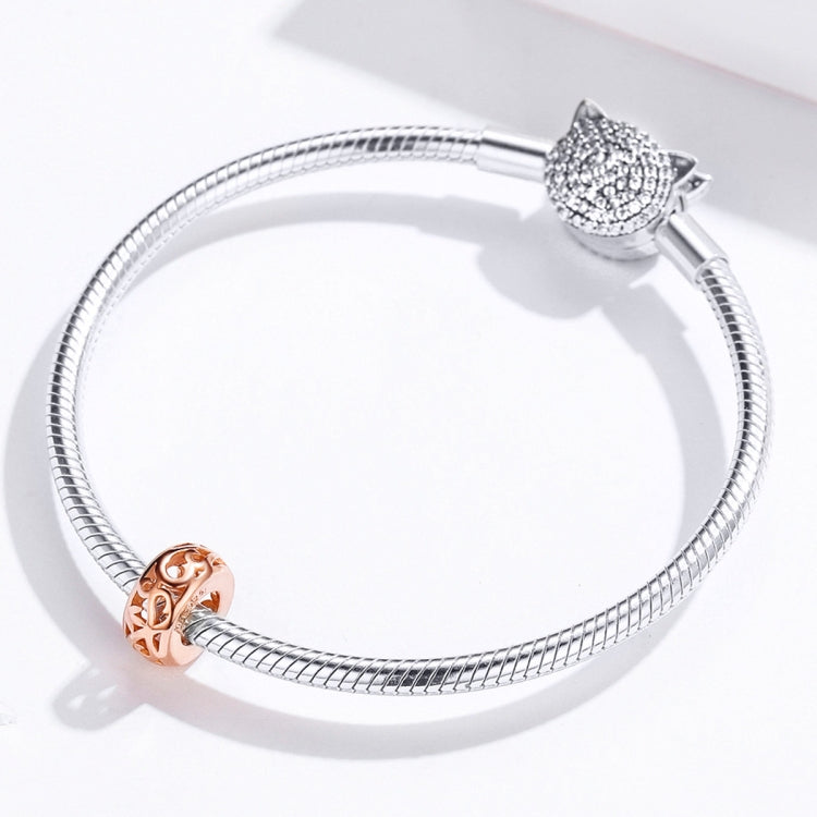 Sterling silver S925 charm bracelet with rose gold hollow bead and pavé clasp