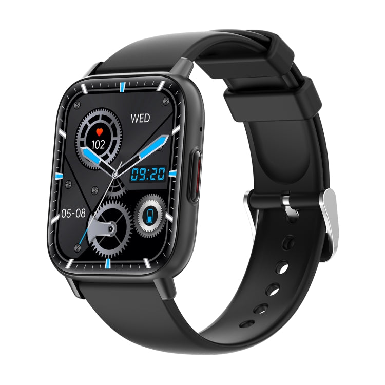 Black smart sport watch with rectangular touchscreen and silicone strap