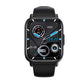 Black smartwatch with rectangular display showing health stats and time