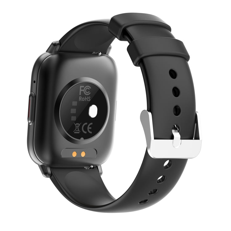 Black smart watch back view with sensor panel and silicone wrist strap