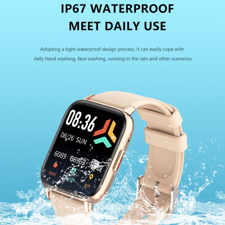 Beige smart watch with colorful heart-rate style display, water-splash background