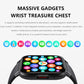 Black smart watch showing app icons on touchscreen with sport silicone band