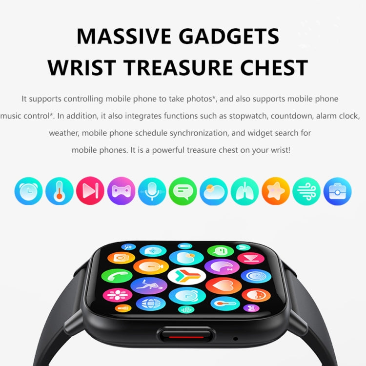 Black smart watch showing app icons on touchscreen with sport silicone band