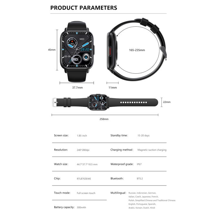 Smart watch size chart with screen front view and band dimensions on white background