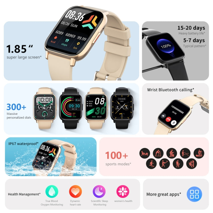Beige smart watch with large screen and app icons, plus multiple color strap views