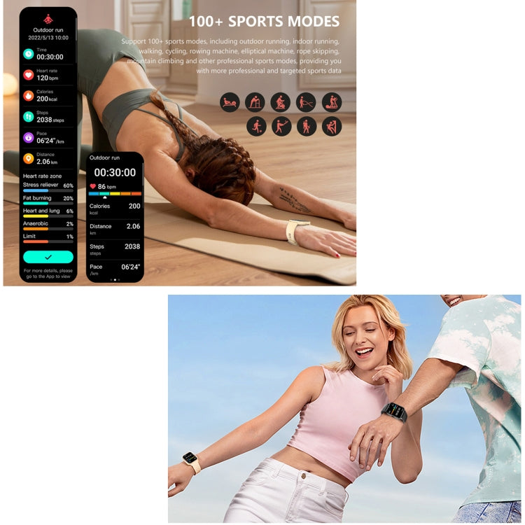 Beige smartwatch on wrist displaying sports mode and workout stats