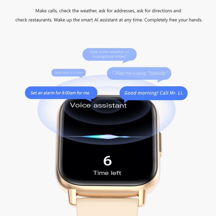 Gold smart watch with voice assistant-style call interface on display