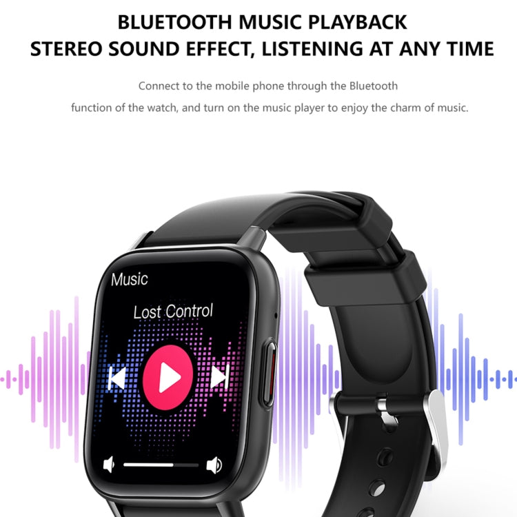 Black smart sport watch with music playback display and silicone wrist strap